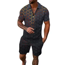 Deal Of The Day Today Mens Suits Short Sleeve Quarter Zipper Turn Down Collar Pullover Tops Gradient Color Printed Set with Shorts Summer Fashion Casual Suit for Outdoor Sale Clearance