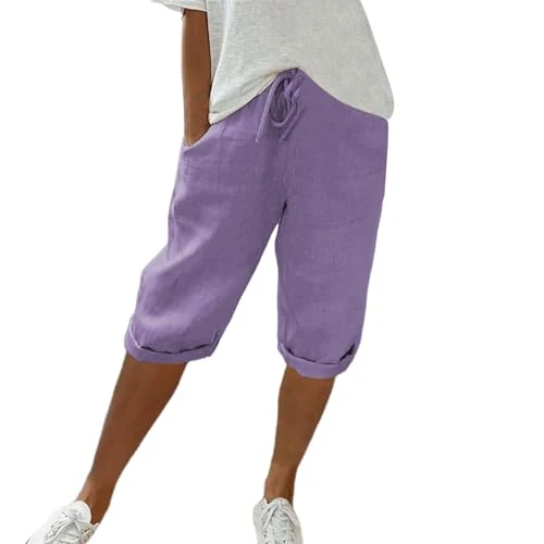 Deal of The Day Today Sale Linen Shorts Women Knee Length Drawstring Women Shorts with Pocket Solid Color Printed Pants Elastic 2024 Summer UK Loose Fit Breathable Casual Shorts f Sale Clearance 1P