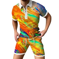 Deal Of The Day Today Sale Mens Suits Short Sleeve Cuffs Quarter Zipper Pullover Lapel Tops with Drawstring Shorts Gradient Color Pattern Print Set Summer Fashion Sports Suits f Warehouse Clearance