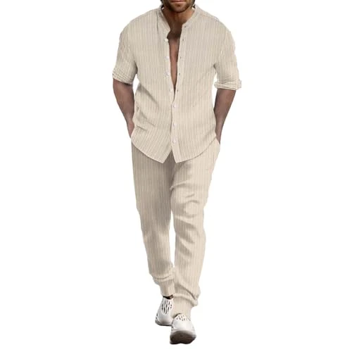 Deals Of The Day Mens Suits Long Sleeve Single-Breasted Button Down Stand Collar Tops with Long Leg Trousers Solid Color Printed Set Fashion Casual Breathable Suit for Ou Mens Gifts Ideas Clearance