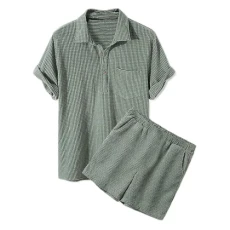 Deals Of The Day Sale Prime Mens Suits Short Sleeve Quarter Button Down Turn Down Collar Tops with Front Pocket Solid Color Printed Waffle Set with Shorts Summer Fashion Mens Gifts Ideas Clearance