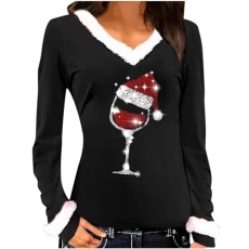 Deals Of The Day Sexy Christmas Tops for Women UK Long Sleeve V Neck Wine Glass Printed Pullover Blouse Warm Fleece Jumper Sweater Ladies Fall Winter Velvet Stiching Holiday Tops Sportswear