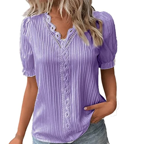 Deals of The Day Summer Tops for Women UK Short Puff Sleeve V-Neck Ladies Tops Elegant Lace Splicing