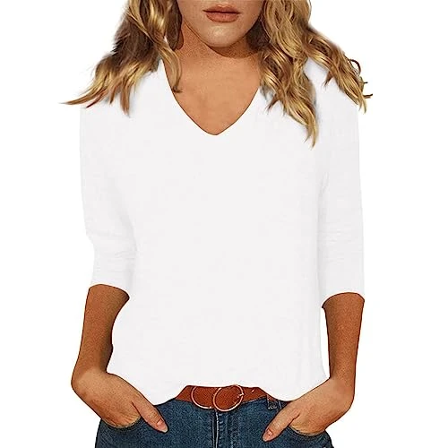 Deals of The Day UK Bonmarche Ladies Tops 3/4 Sleeve Womens Tops Summer Solid Plain Travel Cute Tops V Neck Slim Fit Half Sleeve Tshirts Blouse Short Sleeve Tunic Tops (A-White, XL)