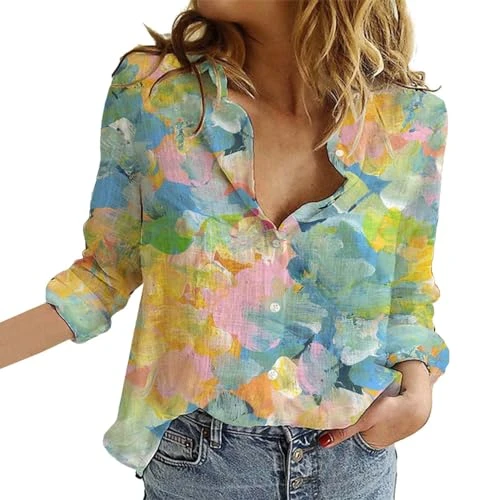 Deals Summer Tops for Women UK Flower Print Button Down Long Sleeve Shirt Casual Floral V Neck Graph