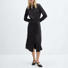 Deep Dark Blue Satin Shirt Dress