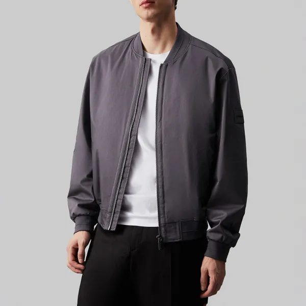 Deep Grey Sateen Stretch Bomber Jacket - Grey