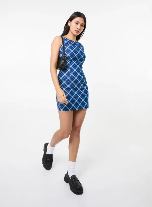Denim Check Print Mini Dress - L - DENIM