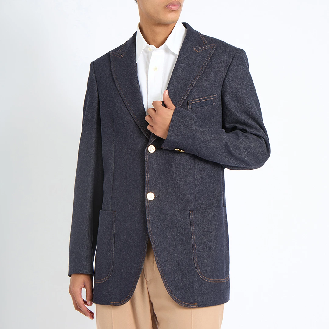 Denim Cotton Blend Blazer - Navy