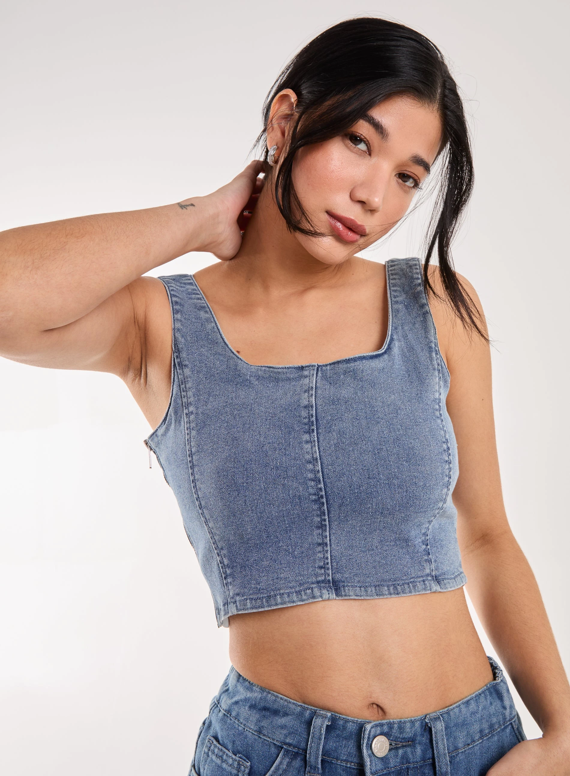 Denim Cropped Corset Top  - S  - DENIM