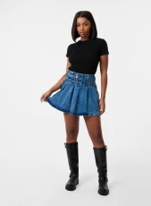 Denim Double Belt Pleat Mini Skirt DENIM