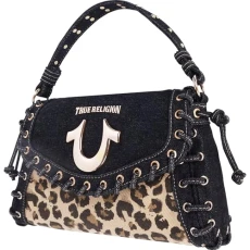 Denim Eyelet Trim Flap Bag, Studded Lace-Up Crossbody Shoulder Handbag with Horseshoe Logo, Leopard
