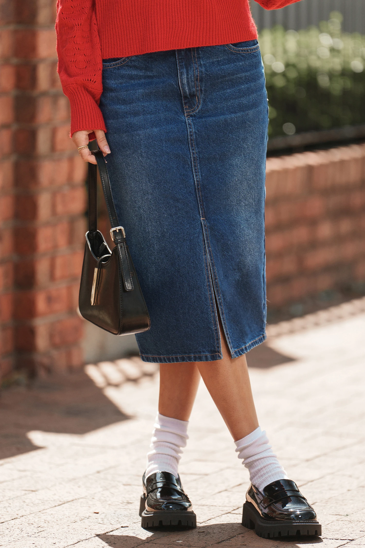 Denim Front Split Midi Skirt - Blue