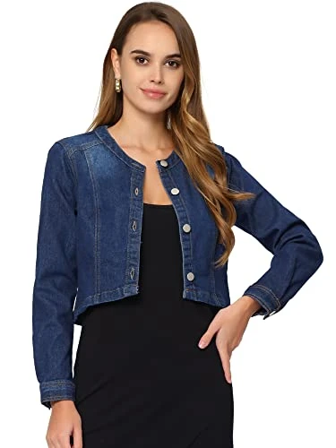 Denim Jacket for Women's Collarless Button Down Crop Jean Jackets Dark Blue M