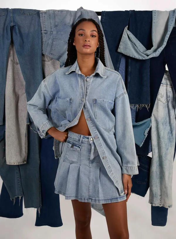 Denim Pleated Mini Skirt DENIM