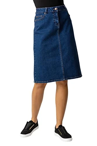 Denim Skirt with Pockets for Women UK - Ladies Jean Skirts Cotton Stretch Mid Wash Fitted A Line Cas