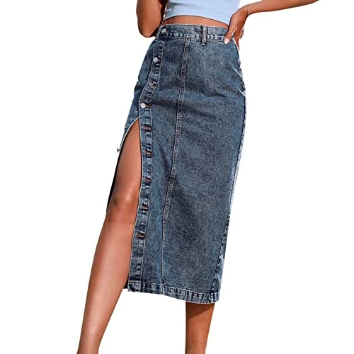 Denim Skirt Women's Long with Button Placket - Pencil Skirt Women's Midi Elegant with Slit Casual Skirt High Waist Maxi Skirt Bodycon Beach Skirt Fashion Summer Skirt Elegant Skirts Irregular Skirt,