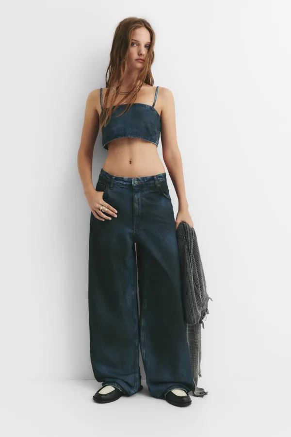Denim Strappy Crop Top - Dark blue