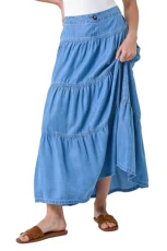 Denim Wash Tiered Maxi Skirt for Women UK - Ladies Everyday Holiday Spring Summer Comfy Soft Evening