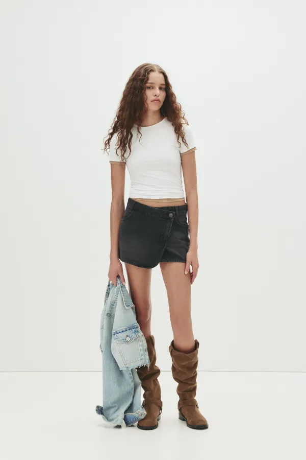 Denim Wrap Mini Skirt - Black