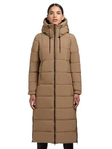 Deria3-YM Women's Winter Coat, Warm Quilted Coat, Extra Long with Slits and Adjustable Hood, XS-XXL, Indian Nougat, L