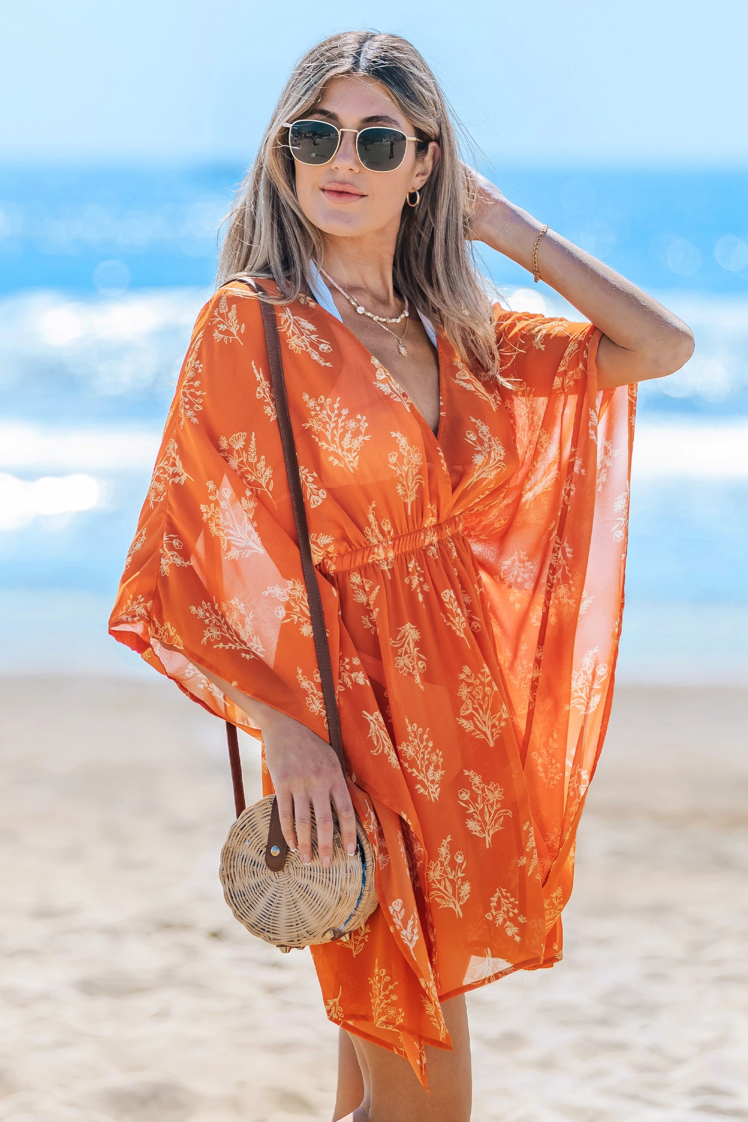 Desert Bloom Floral Cover-Up Mini Dress - Orange