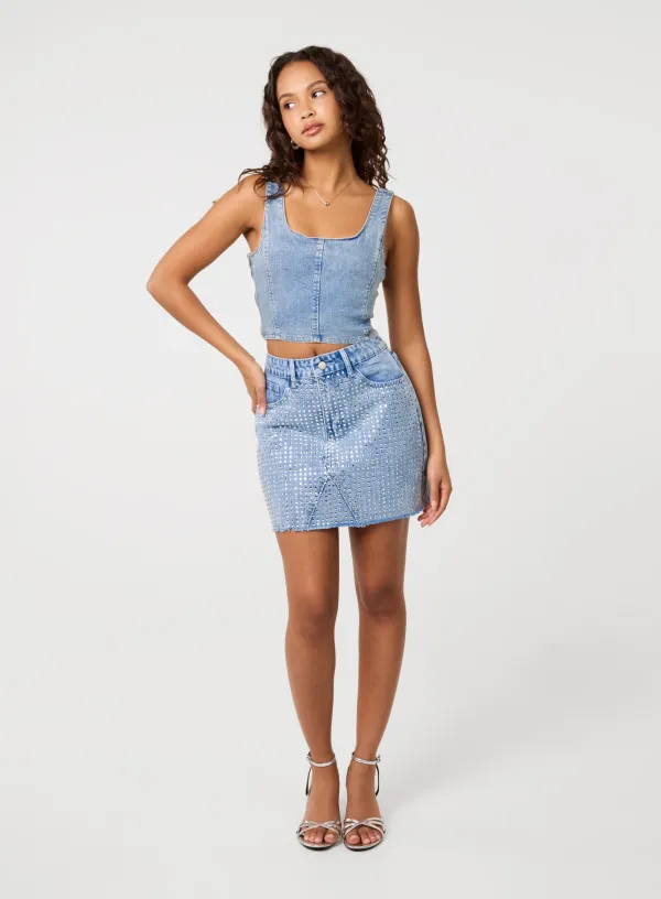 Diamante Denim Skirt - - DENIM