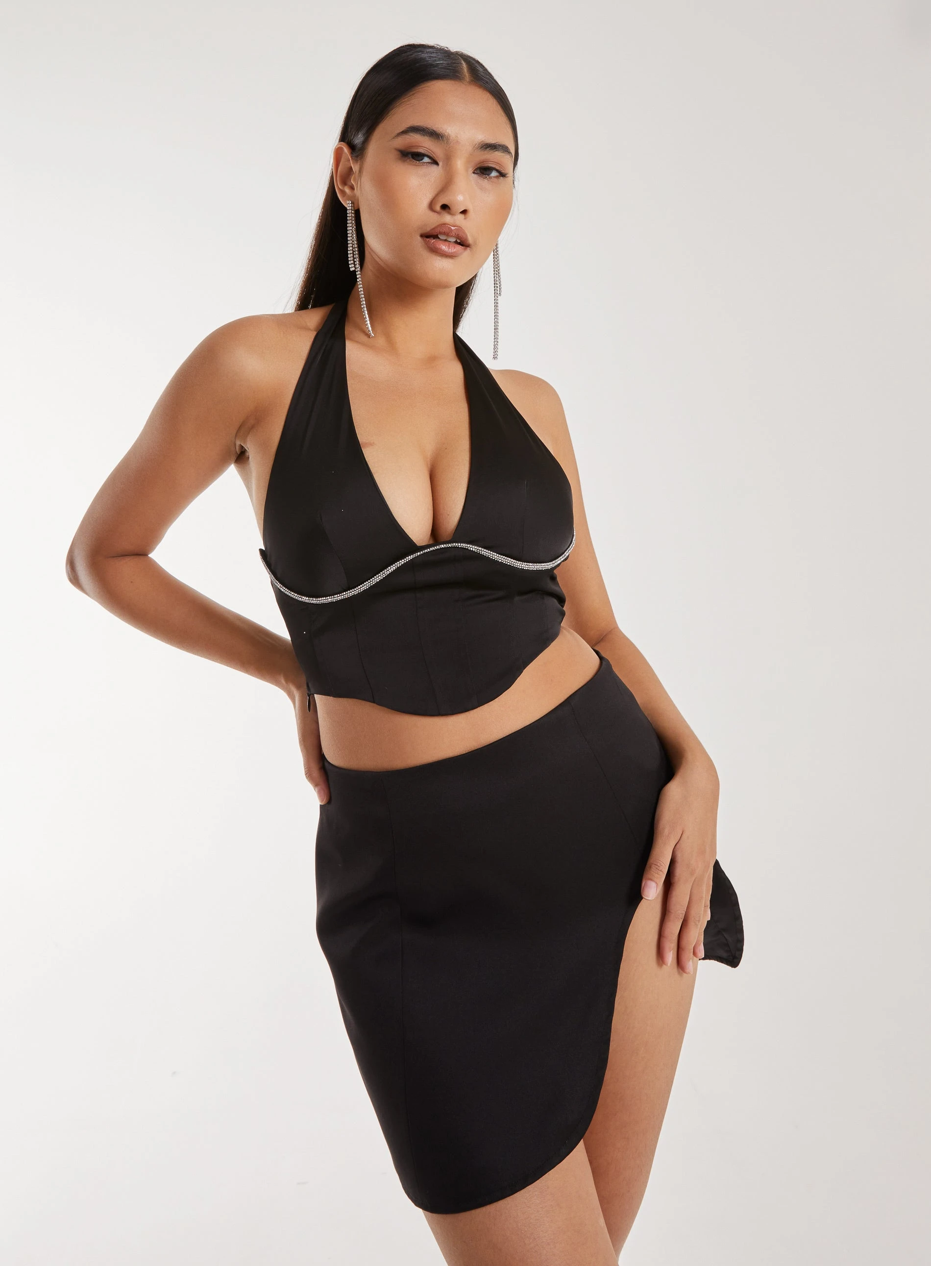 Diamante Halter Neck Top Black