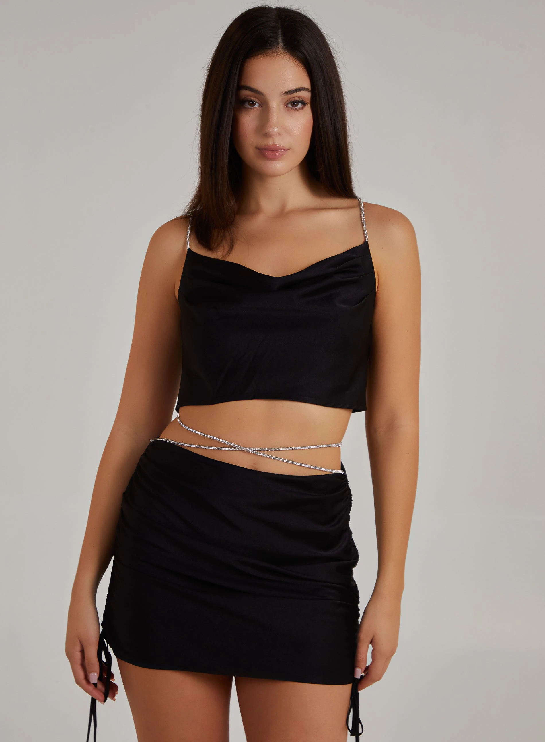 Diamante Strap Cowl Neck top Black