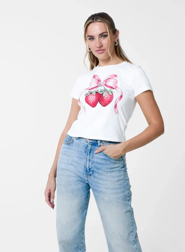 Diamante Strawberry Bow Tee - / - IVORY