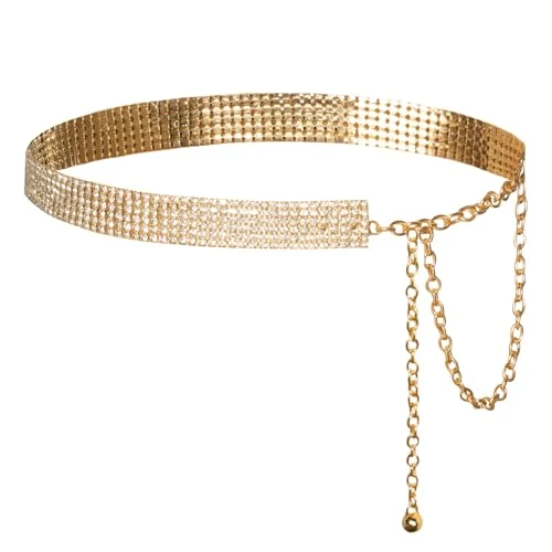 Diamond Waist Belt for Women with Shiny Rhinestone Silver Gold Adjustable Accessory Gold M