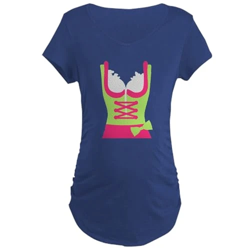 Dirndl Oktoberfest Dress Maternity Dark T Shirt Cotton Maternity T-shirt, Side Ruched Scoop Neck Navy