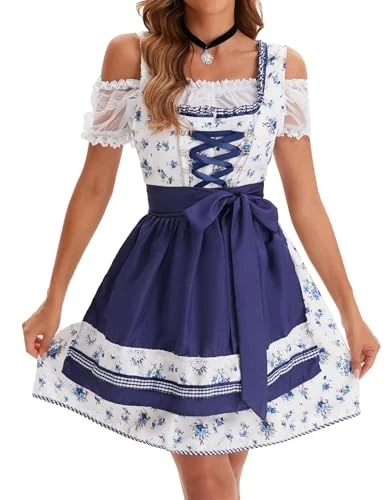 Dirndl Women's Midi Costume Dress Elegant Oktoberfest Dresses Costume Fashion Dress 2-Piece Germany Festive Beer Festival with Apron, Floral Blue, S