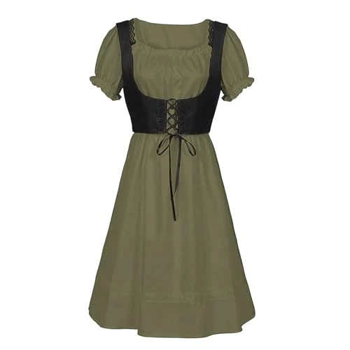 Dirndl Women's Wrap Dress Vintage Dress with Square Neck and Short Sleeves for Oktoberfest, Green, XXL