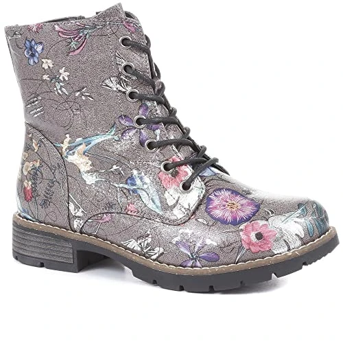 Distinctive Ladies Combat Ankle Boots in Grey Multi with Metallic Floral Print - Side Zip for Easy W