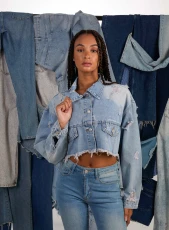 Distressed Cropped Denim Jacket  - S  - DENIM