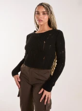 Distressed Long Sleeve Knitted Jumper / BLACK