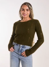 Distressed Long Sleeve Knitted Jumper / KHAKI