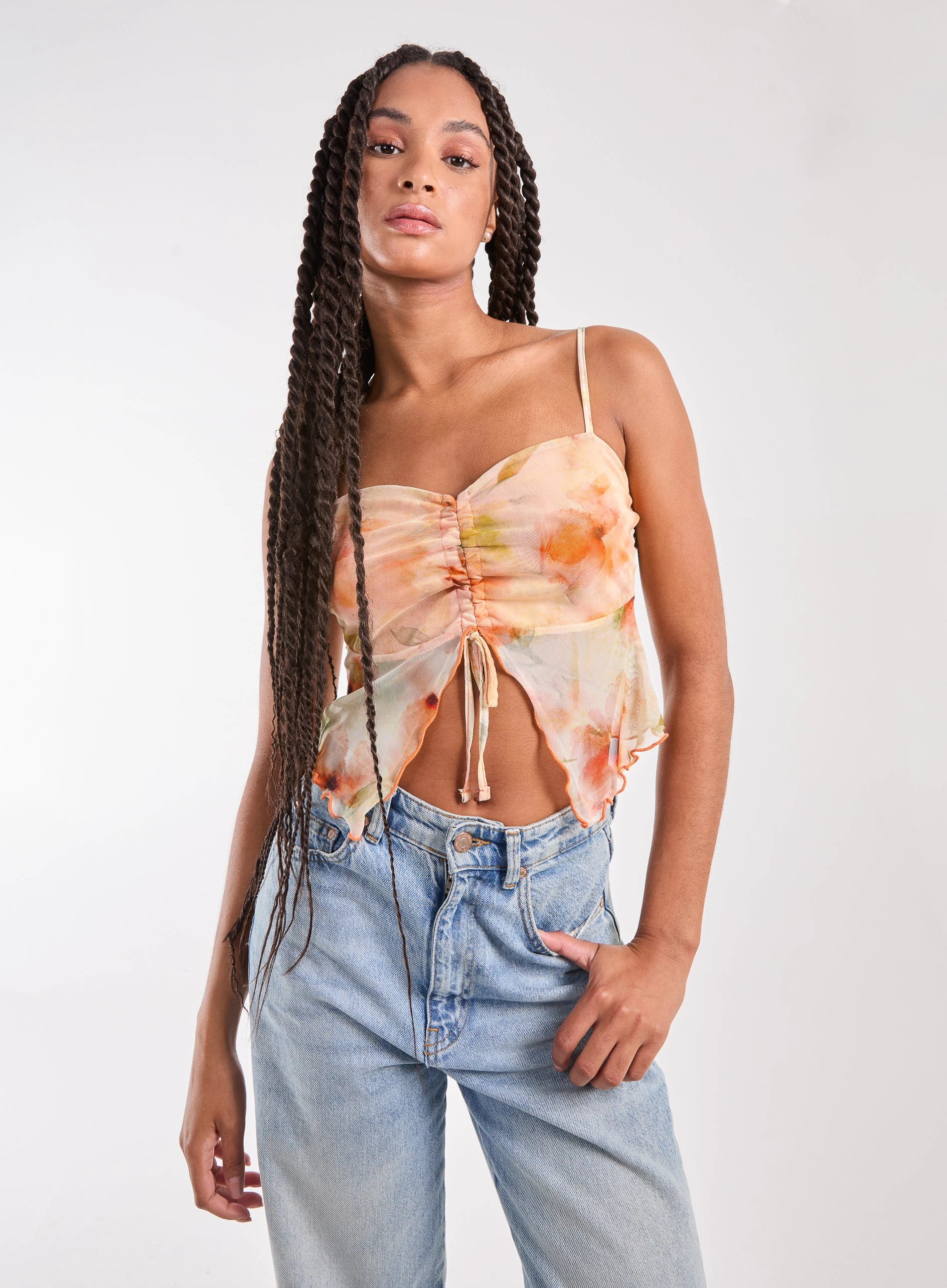 Distressed Mesh Butterfly Cami Top  - S  - ORANGE