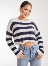 Distressed Striped Crop Knit Jumper  - M/L  - NAVY