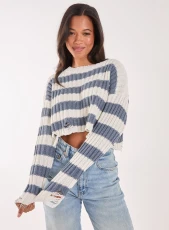 Distressed Striped Crop Knit Jumper / BLUE