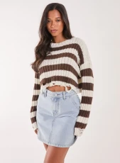 Distressed Striped Crop Knit Jumper  - S/M  - CHOCOLATE