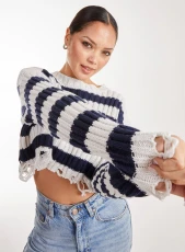 Distressed Striped Crop Knit Jumper / NAVY