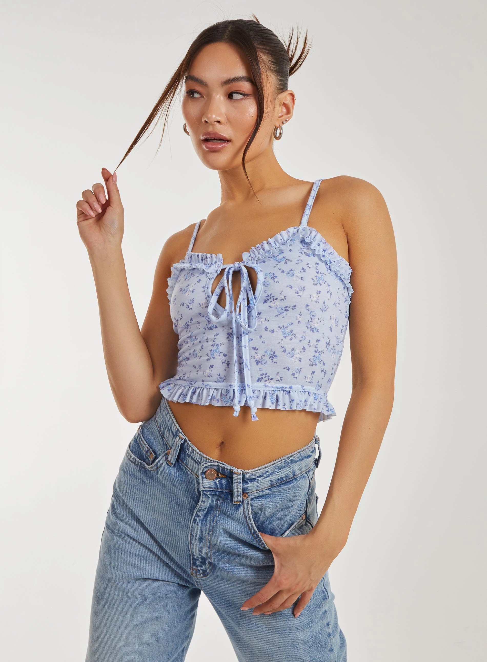 Ditsy Floral Cut Out Strappy Crop Top  - S  - Blue