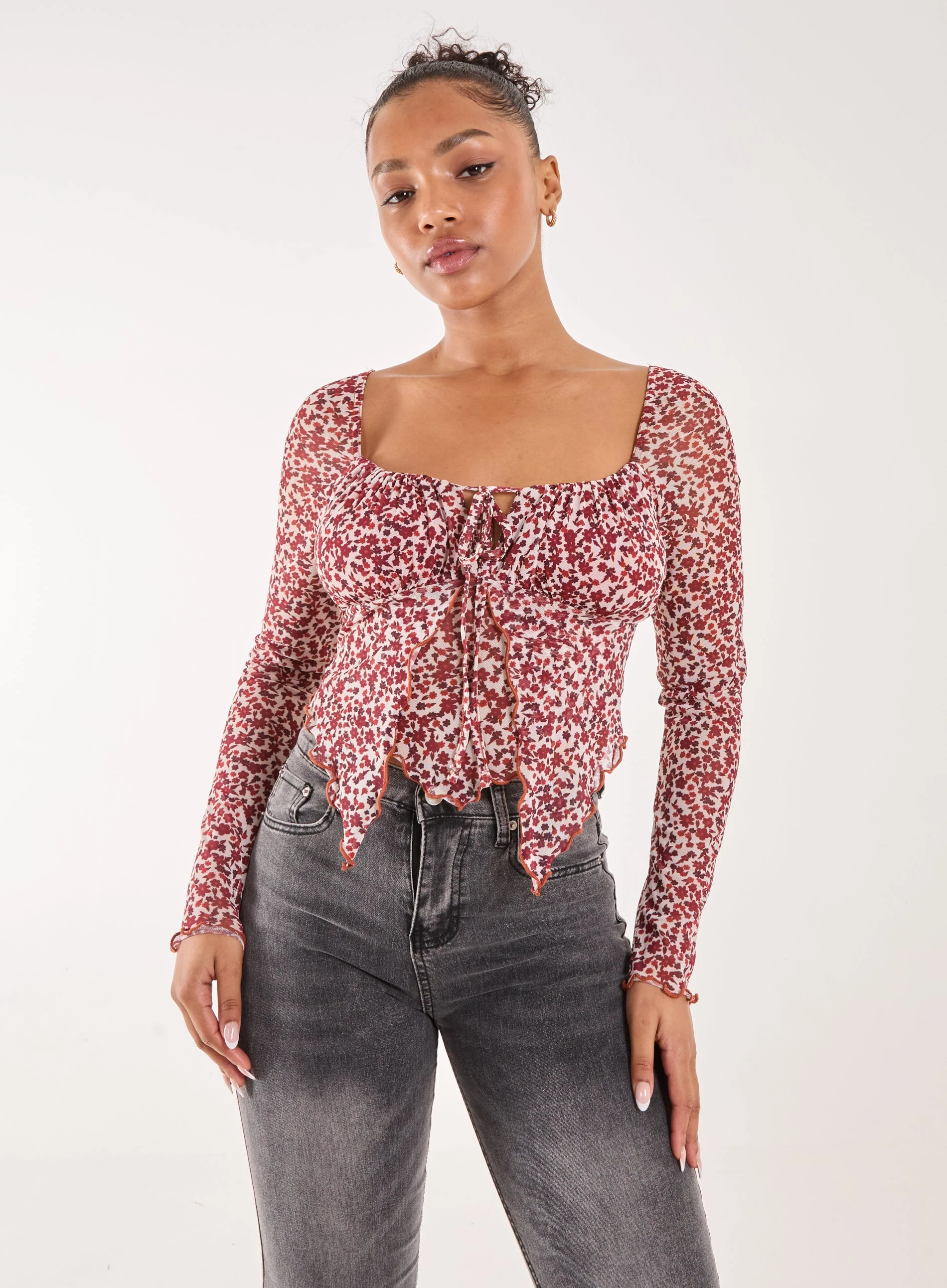 Ditsy Floral Print Long Sleeve Butterfly RED PATTERN