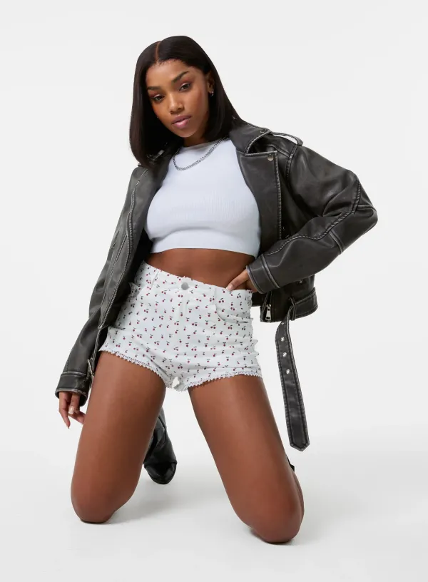 Ditsy Print Shorts with Lace - L - IVORY