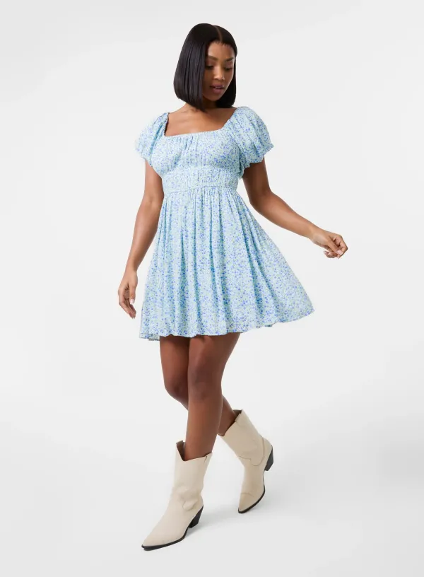 Ditsy Puff Sleeve Mini Dress With Shorts - - BLUE