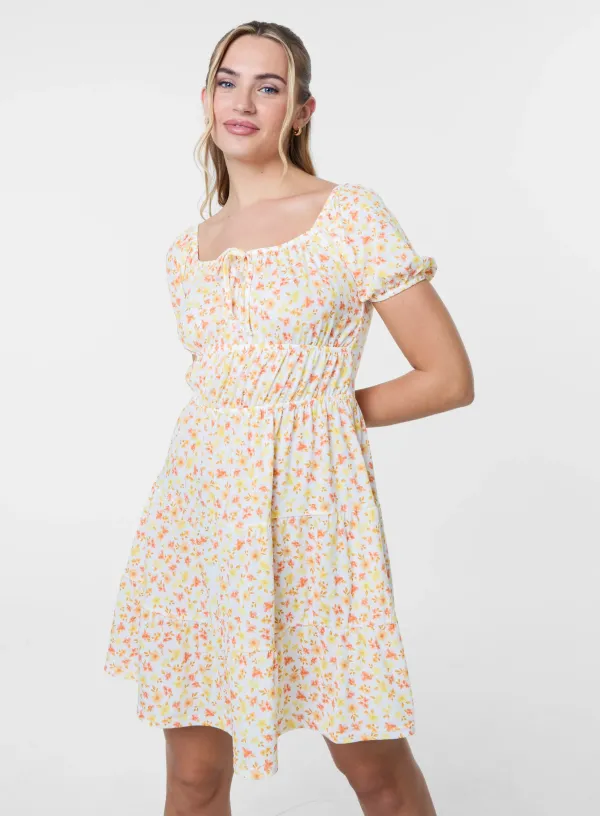 Ditsy Puff Sleeve Tiered Mini Dress - - ORANGE