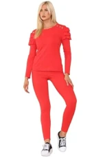Dolce Fashion® Women’s Frill Shoulder Gold Button and Bottom Trouser Loungewear Suit Ladies 2 Pc Ribbed Long Sleeve Top & Legging Tracksuit Set (Red, 6-8)