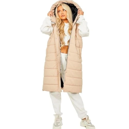 Dolce Fashion® Women's Gilet Jackets - Ladies Lightweight Long Body Warmer, Water Resistant Sleeveless Padded Jacket - Suitable for Light Rain, Winter Long Coat With Pocket (Stone, Large)